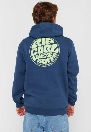 Navy blue hoodie with a large circular light green graphic on the back, featuring stylized text. Cotton blend fabric with ribbed cuffs.