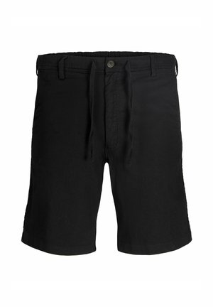 Shorts noirs décontractés avec bouton, cordon de serrage et passants pour ceinture sur fond blanc.