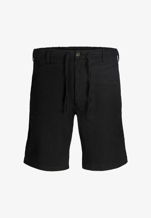 Čierne ležérne šortky s gombíkom, šnúrkou a slučkami na opasok na bielom pozadí.