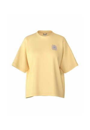 T-shirt ample jaune clair à manches courtes avec un petit motif soleil violet sur la poitrine gauche et un col rond.