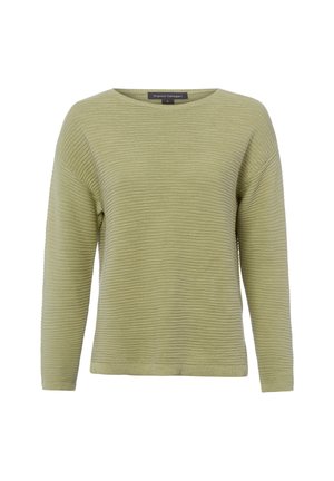 Hellgrüner, gerippter Strickpullover mit langen Ärmeln, Rundhalsausschnitt und lockerem Schnitt, auf weißem Hintergrund dargestellt.