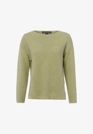 Pull à manches longues en maille côtelée vert clair avec col rond et coupe décontractée, présenté sur fond blanc.