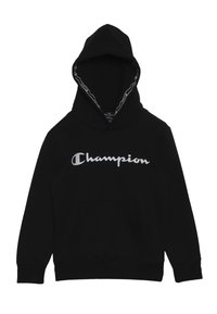 Sudadera negra de mezcla de algodón. Presenta un bolsillo frontal, capucha ajustable con cordón y logo blanco de Champion en el pecho.