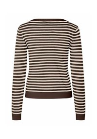 Hnědý a krémový pruhovaný svetr s dlouhými rukávy a kulatým výstřihem. Žebrovaný lem a manžety. Měkká pletená textura.