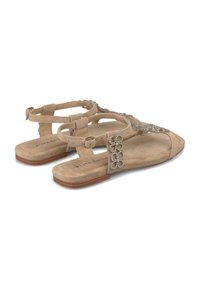 Sandali in suede beige con suole piatte, cinturino decorativo scintillante, cinturino alla caviglia con fibbia e dettagli testurizzati nella soletta.