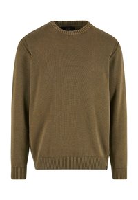 Maglione verde oliva con scollo rotondo, polsini e orlo a coste, caratterizzato da un motivo a maglia testurizzata e fessure laterali per facilitare i movimenti.