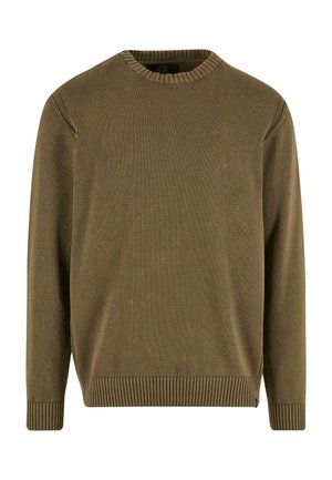 Olivengrønt sweater med rund hals, ribbede manchetter og kant. Den har et struktureret strikmønster og sideslidser for bedre bevægelsesfrihed.