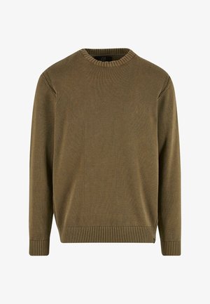 Oliivivihreä neulepaita pyöreällä kaula-aukolla, ribbed-hihansuilla ja helmalla, jossa on teksturoitu neulekuviointi ja sivurei'itykset liikkumisvapauden takaamiseksi.