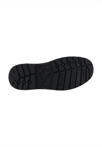 Czarna gumowa podeszwa buta z teksturowanym wzorem, z rowkami, okrągłymi wycięciami i wytłoczonym logo zapewniającymi przyczepność i trwałość.