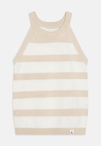 Canotta a strisce in crema e beige, con scollatura e aperture per le braccia in tessuto a costine, morbido al tatto e con etichetta logo sull'orlo.