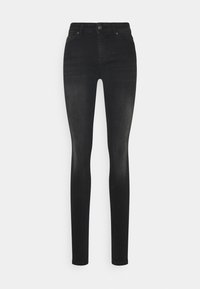 Jeans skinny pretos feitos de denim, com cintura alta, corte justo e design clássico de cinco bolsos. Textura suave com desbotamento sutil.