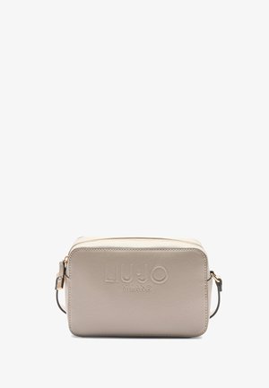 Beige synthetic zippered handbag with embossed "LIU JO MILANO" logo, rectangular shape, and a detachable shoulder strap.