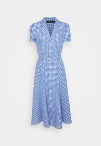 Blå och vit rutiga klänning med korta ärmar, snibbat krage, figursydd midja med bälte och en utställd midiklänning.