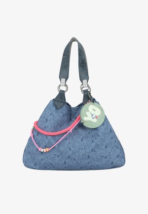 Borsa blu con motivo di volti di Snoopy, manici blu scuro con anelli bianchi, decorata con cordoncino rosa e etichetta tonda verde con testo "YO".