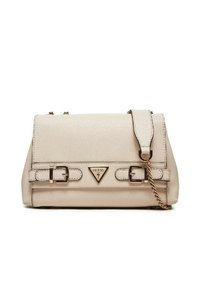 Borsa beige con finitura testurizzata, accessori in oro, accenti a doppia fibbia e tracolla a catena. Presenta un triangolo con logo sulla parte anteriore.