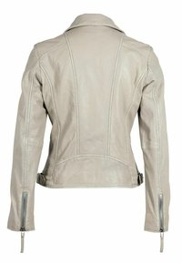 Giacca in pelle grigia chiara con un design aderente, dettagli di cucitura sottili e polsini con zip sulle maniche lunghe. Texture liscia in tutto.
