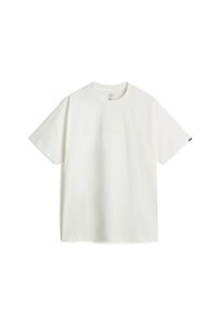 Weißes Baumwoll-T-Shirt mit kurzen Ärmeln, das in der Mitte ein dezentes gesticktes Logo und ein kleines Markenetikett am Ärmel trägt.