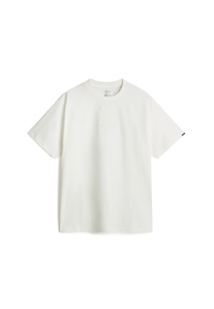 Weißes Baumwoll-T-Shirt mit kurzen Ärmeln, das in der Mitte ein dezentes gesticktes Logo und ein kleines Markenetikett am Ärmel trägt.