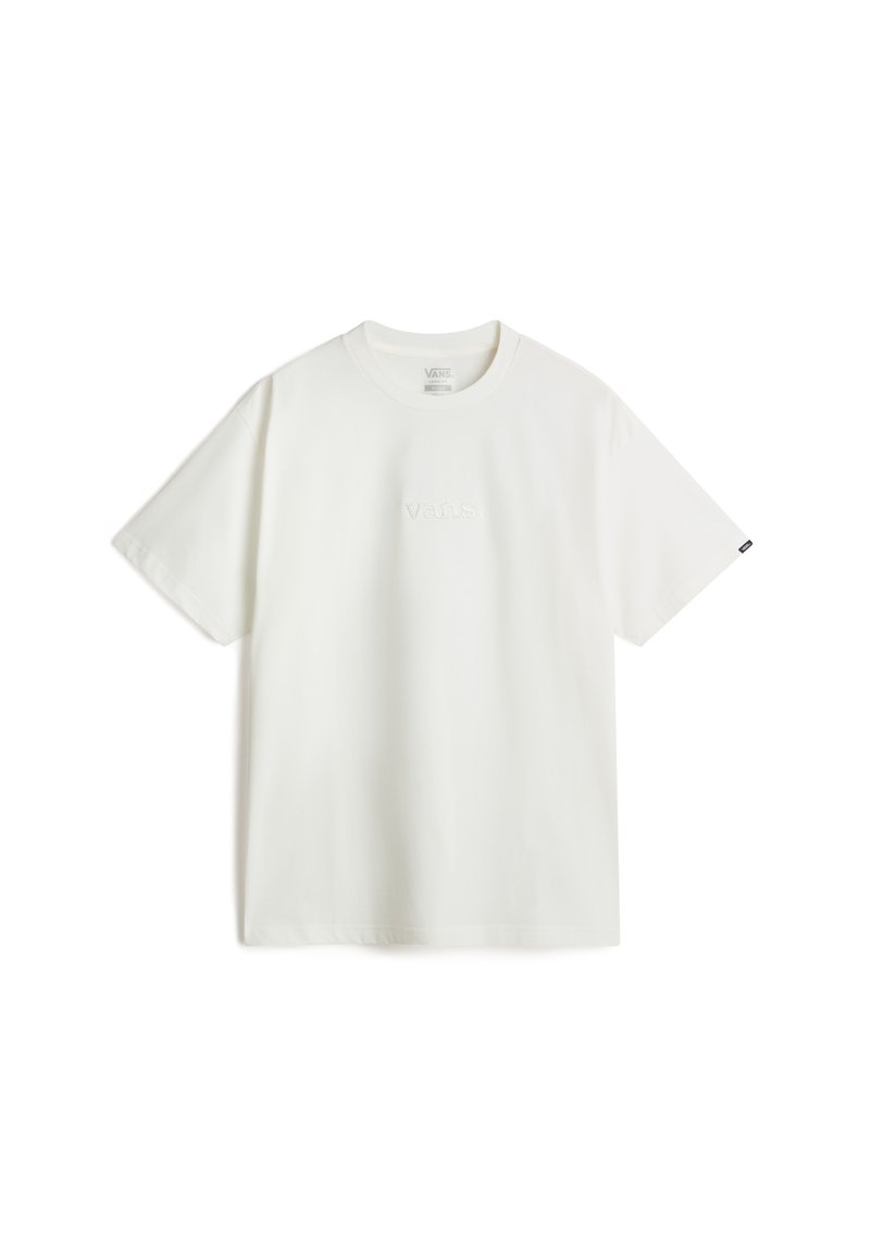 Weißes Baumwoll-T-Shirt mit kurzen Ärmeln, das in der Mitte ein dezentes gesticktes Logo und ein kleines Markenetikett am Ärmel trägt.
