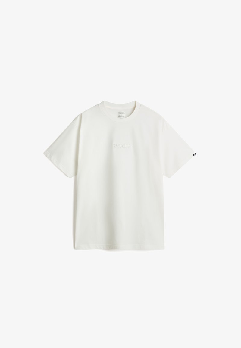 Weißes Baumwoll-T-Shirt mit kurzen Ärmeln, das in der Mitte ein dezentes gesticktes Logo und ein kleines Markenetikett am Ärmel trägt.