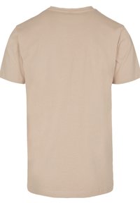 Beige short-sleeved T-shirt with a round neckline, soft texture, plain design, and no visible logos or patterns on the back.
