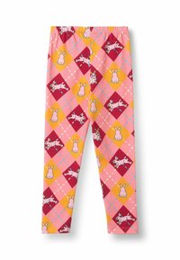 Leggings aus leichtem Baumwollmaterial, mit einem pinken und orangefarbenen Rautenmuster, verspielten Hasenillustrationen und blauen Akzenten.