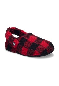 Rood en zwart geblokte slipper met een donzige textuur en open achterkant, voorzien van een zwarte rubberen zool en een circulair logodetail.