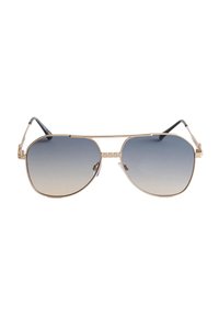 Occhiali da sole aviator in metallo con montatura dorata e lenti sfumate blu. Sottili aste con dettagli testurizzati e punte nere.