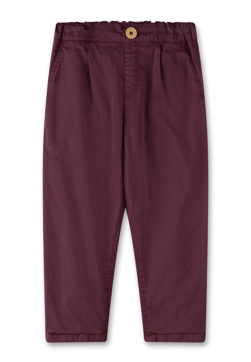 Burgunderfarbene Baumwollhosen mit Knopfverschluss, elastischem Bund, Seitentaschen und Falten für zusätzlichen Stil und Komfort.