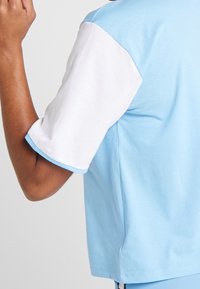 Světle modré tričko s krátkým bílým rukávem. Měkká bavlněná tkanina, kulatý výstřih a kontrastní modrý lem na rukávech. Jednoduchý a moderní design.