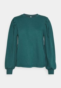 Turfblauw sweatshirt met lange mouwen en een ronde halslijn, voorzien van geplooide pofmouwen en geribde manchetten. Zachte, gestructureerde stof.