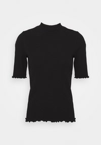 Svart ribbad kortärmad topp med hög halsringning och volanger vid ärmar och nederkant, tillverkad av ett elastiskt tyg.