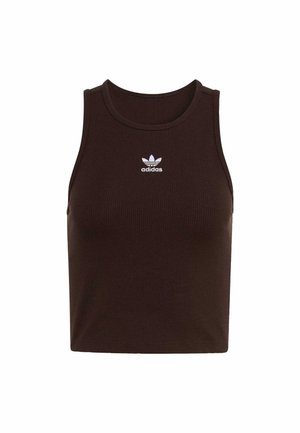 Bruin geribd cropped tanktop met een aansluitend ontwerp. Voorzien van een wit Adidas trefoil-logo op de borst en een ronde halslijn.