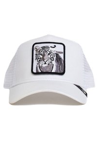 Weißer Baseball-Schirmmütze mit strukturiertem Vorderteil, das ein besticktes Tigerdesign in einem Quadrat zeigt. Mesh-Rückseite für Belüftung.