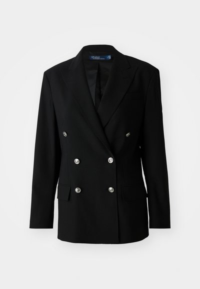 Fekete, dupla gombos blézer sima anyagból, ezüstgombokkal, két elülső zsebbel és beletűrt felső gallérral.