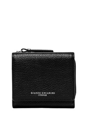 Sort struktureret læderpung med lynlås og foldoverklap med Gianni Chiarini Firenze-logo i hvid tekst på forsiden.