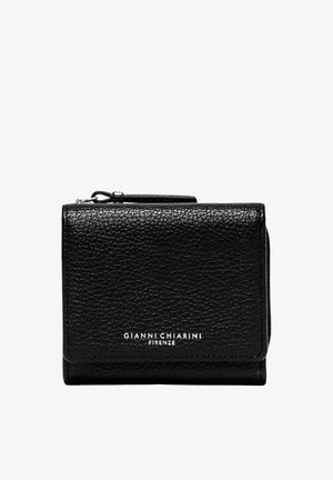 Portefeuille en cuir texturé noir avec fermeture éclair et rabat pliant, arborant le logo Gianni Chiarini Firenze en texte blanc à l'avant.