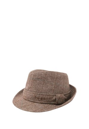 Brown herringbone-patterned fedora hat with a folded band around the base, shown on a white background.