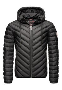 Black puffer jacket with a hood, featuring chevron stitching, a front zipper, and two side pockets. Smooth, shiny fabric with a soft texture.