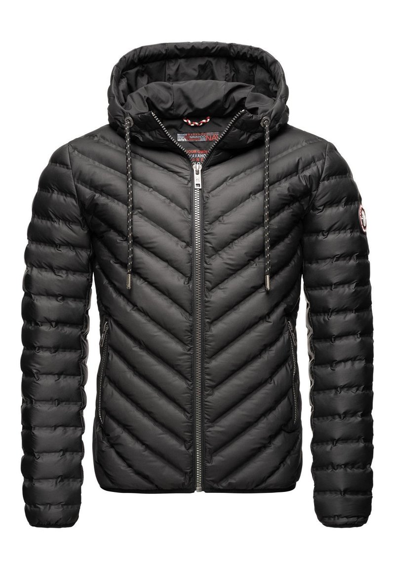 Black puffer jacket with a hood, featuring chevron stitching, a front zipper, and two side pockets. Smooth, shiny fabric with a soft texture.