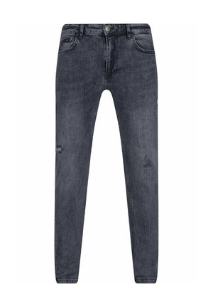 Slim-fit denim jeans in dark gray with distressed details, featuring a button and zipper closure, five pockets, and a standard waistband.