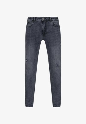 Tiesūs džinsai, tamsiai pilki, su nudėvėjimo efektais, turintys džinsinio užsegimo mygtuką ir užtrauktuką, penkias kišenes ir standartinį juosmenį.