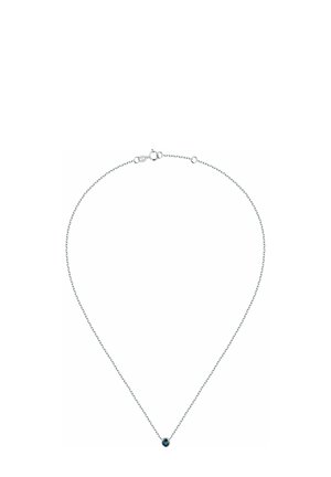 Silberne Kettenhalskette mit einem zentralen blauen Edelsteinelement. Die Kette ist zart mit kleinen Gliedern und schafft ein minimalistisches Design.