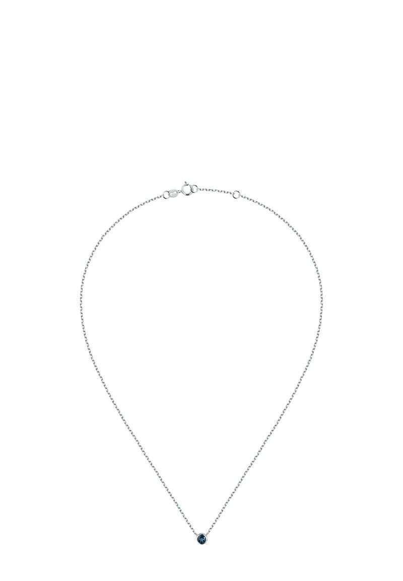 Silberne Kettenhalskette mit einem zentralen blauen Edelsteinelement. Die Kette ist zart mit kleinen Gliedern und schafft ein minimalistisches Design.