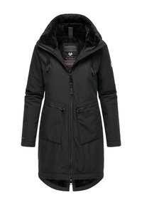 Czarna długa kurtka z kapturem wyłożonym sztucznym futrem, zamek błyskawiczny z przodu, dwie kieszenie na zamek błyskawiczny oraz wzorzysta podszewka. Gładka tekstura na zewnątrz.