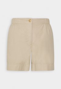 Shorts en coton beige avec une taille élastique, fermeture à bouton sur le devant et ourlets roulés. Texture lisse, design simple, pas de motifs ni d'accents.