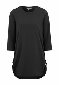 Zwarte tuniek met lange mouwen, ronde halslijn, zijknopen als detail en een licht gebogen zoom.