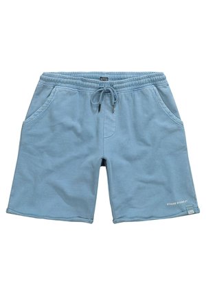 Shorts en coton bleu avec une taille élastique, un cordon de serrage et deux poches latérales ; présente un logo imprimé sur la jambe inférieure droite.