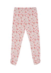 Bloemleggings met een lichtroze achtergrond, versierd met kleine rode en paarse bloemen, met een geplooide taille en taps toelopende pijpen met opgerolde boorden.
