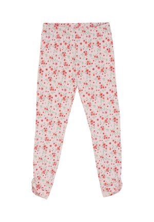Blumige Leggings mit einem hellrosa Hintergrund, verziert mit kleinen roten und lila Blumen, gerafftem Bund und schmalen Beinen mit umgeschlagenen Säumen.